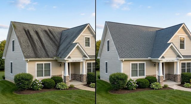Before and after of a Roof of a Home after it was cleaned. AI Generated