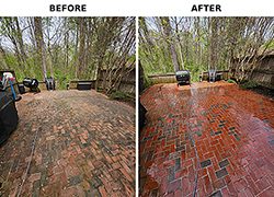 Before and after pressure washing of a brick patio in Virginia